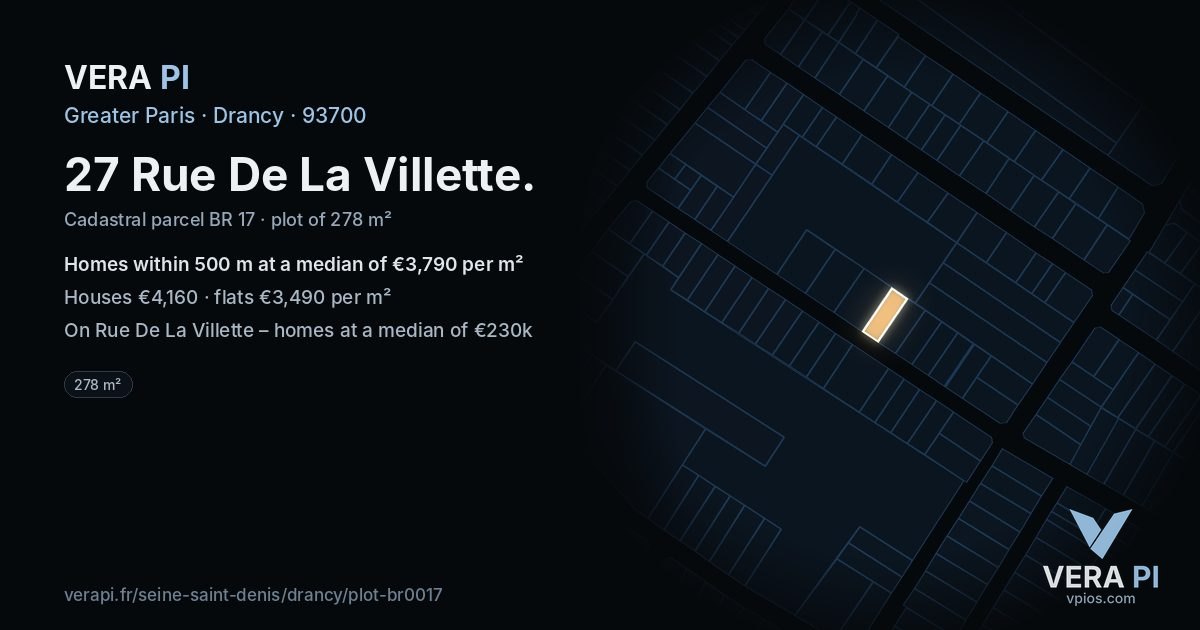 27 Rue De La Villette, Drancy at night – the plot lit, the parcels around coloured by the prices near them