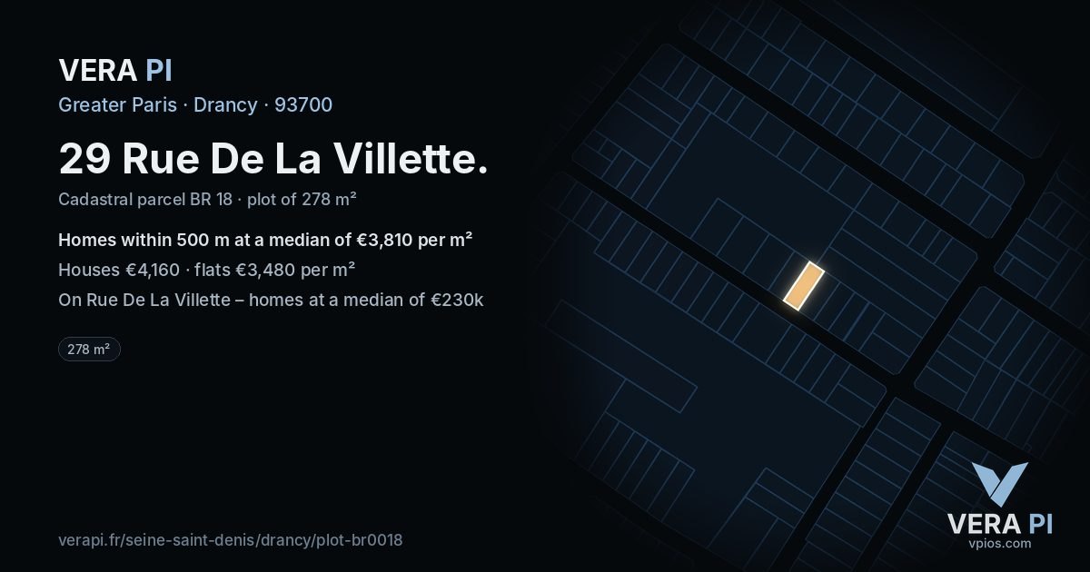 29 Rue De La Villette, Drancy at night – the plot lit, the parcels around coloured by the prices near them