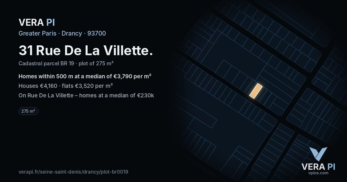31 Rue De La Villette, Drancy at night – the plot lit, the parcels around coloured by the prices near them