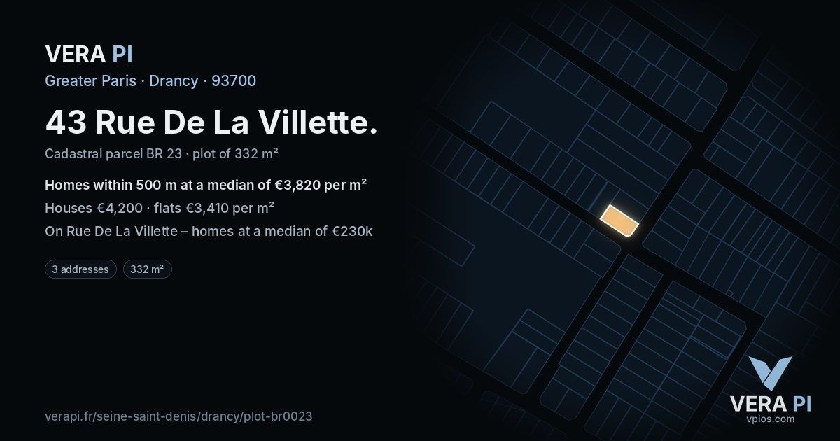 43 Rue De La Villette, Drancy at night – the plot lit, the parcels around coloured by the prices near them