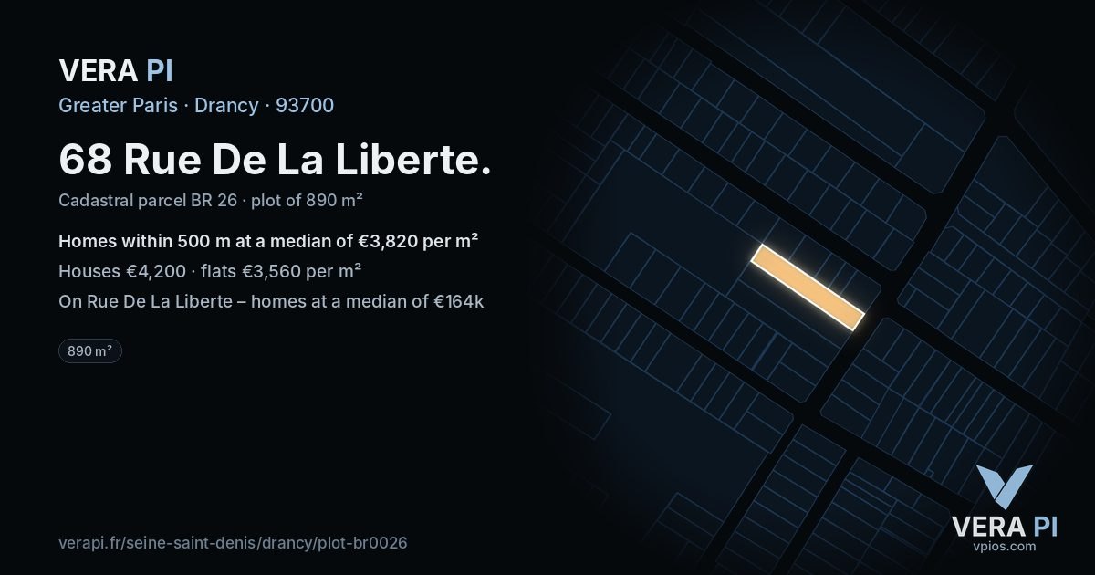 68 Rue De La Liberte, Drancy at night – the plot lit, the parcels around coloured by the prices near them