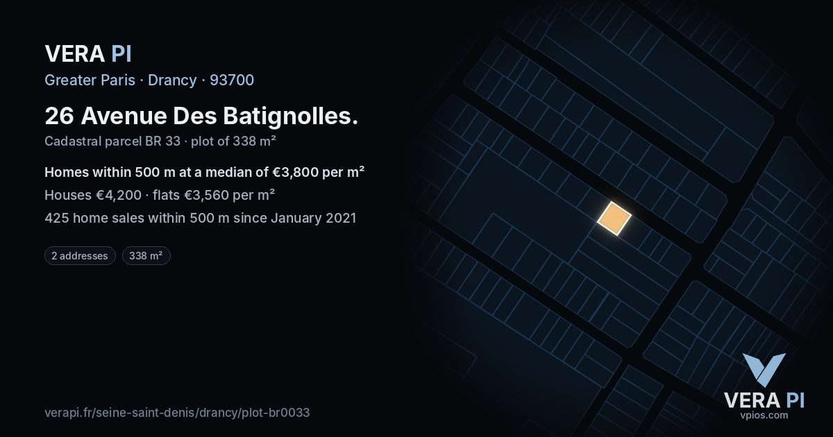 26 Avenue Des Batignolles, Drancy at night – the plot lit, the parcels around coloured by the prices near them