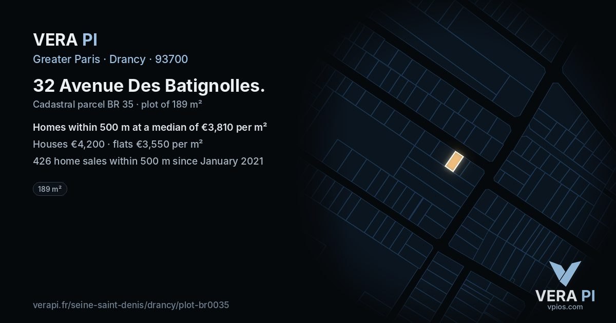 32 Avenue Des Batignolles, Drancy at night – the plot lit, the parcels around coloured by the prices near them