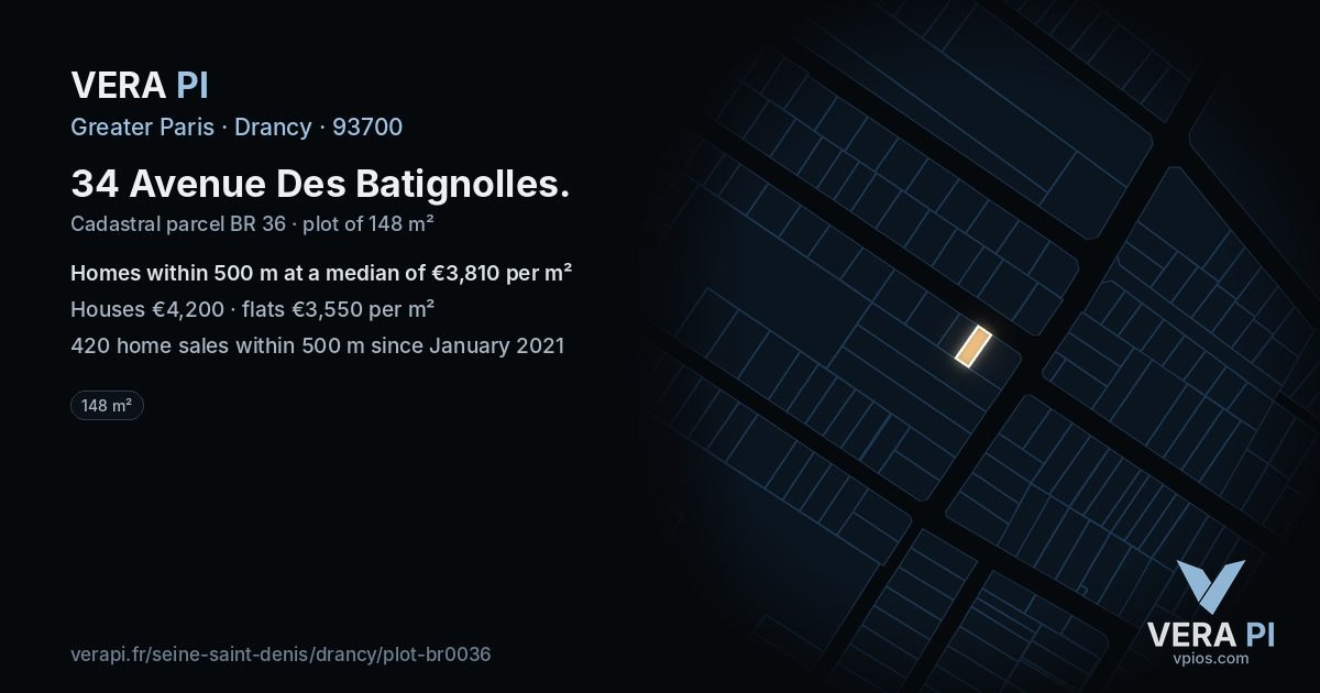 34 Avenue Des Batignolles, Drancy at night – the plot lit, the parcels around coloured by the prices near them