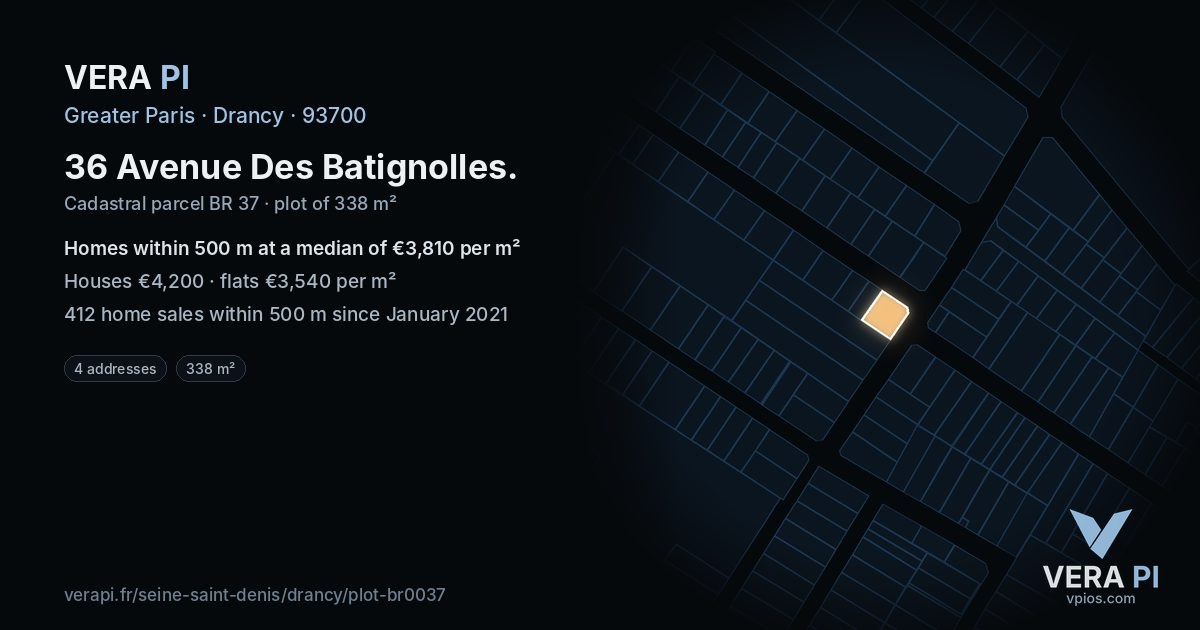 36 Avenue Des Batignolles, Drancy at night – the plot lit, the parcels around coloured by the prices near them