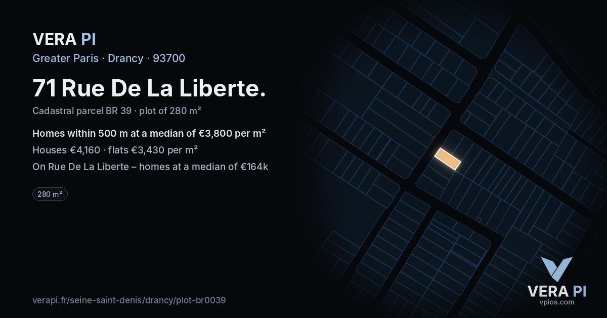 71 Rue De La Liberte, Drancy at night – the plot lit, the parcels around coloured by the prices near them