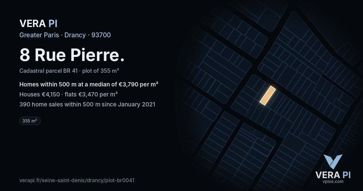8 Rue Pierre, Drancy at night – the plot lit, the parcels around coloured by the prices near them