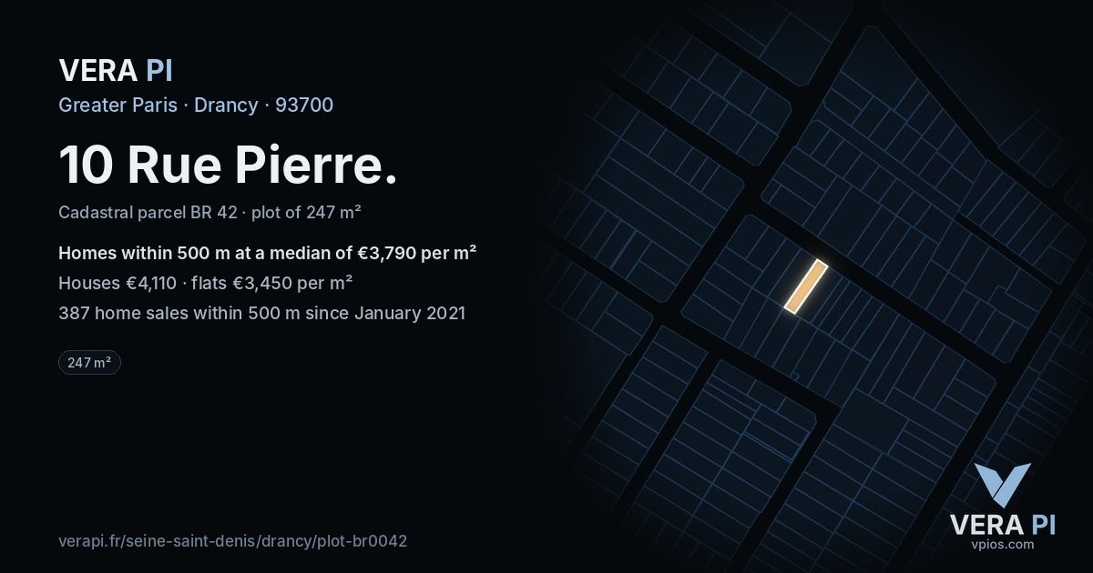 10 Rue Pierre, Drancy at night – the plot lit, the parcels around coloured by the prices near them