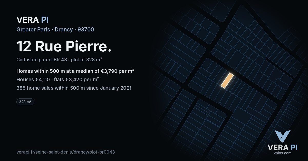 12 Rue Pierre, Drancy at night – the plot lit, the parcels around coloured by the prices near them