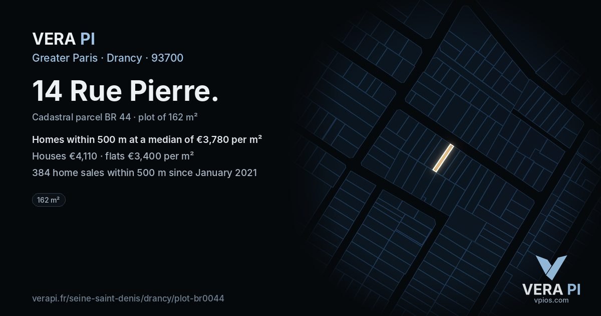 14 Rue Pierre, Drancy at night – the plot lit, the parcels around coloured by the prices near them