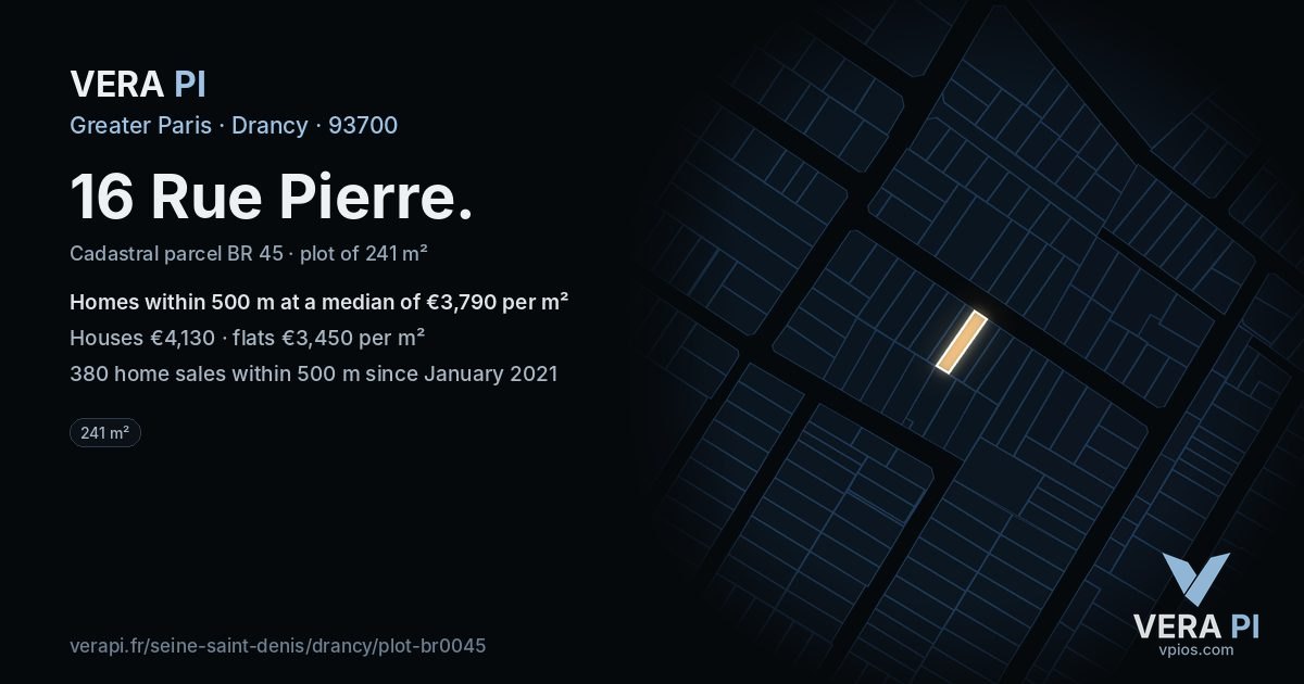 16 Rue Pierre, Drancy at night – the plot lit, the parcels around coloured by the prices near them