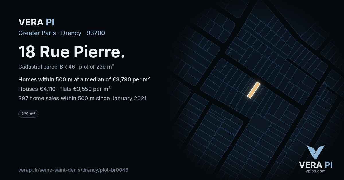 18 Rue Pierre, Drancy at night – the plot lit, the parcels around coloured by the prices near them