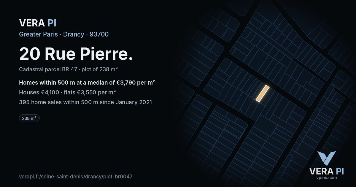 20 Rue Pierre, Drancy at night – the plot lit, the parcels around coloured by the prices near them