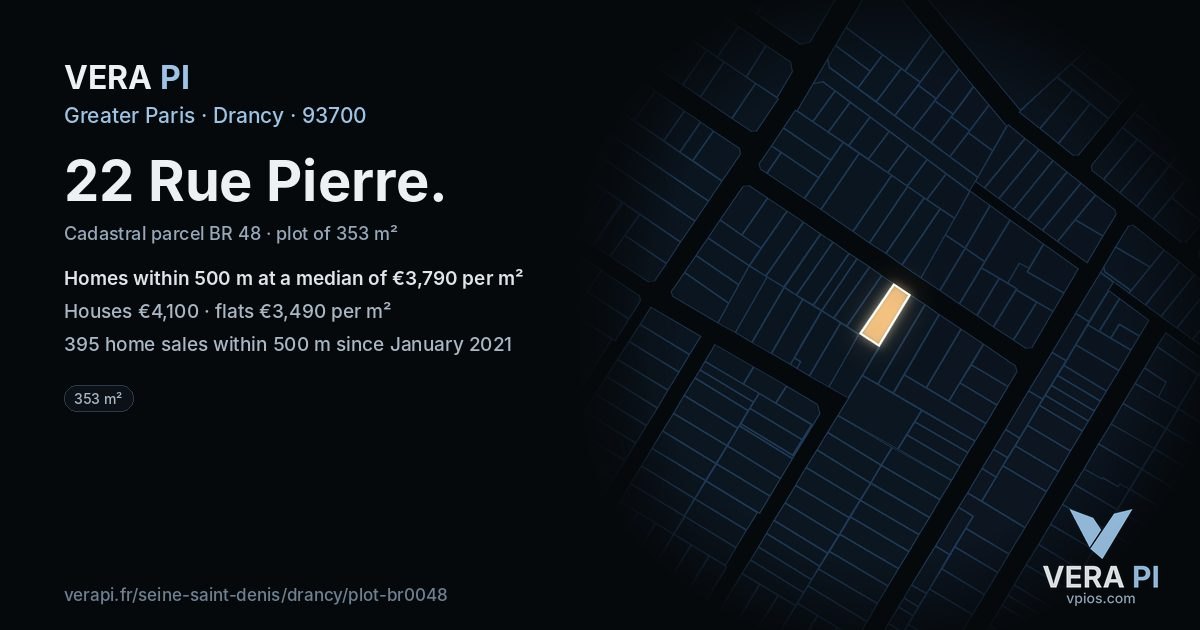 22 Rue Pierre, Drancy at night – the plot lit, the parcels around coloured by the prices near them