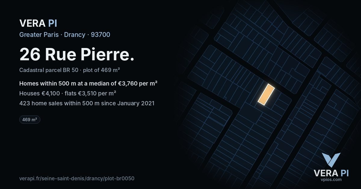 26 Rue Pierre, Drancy at night – the plot lit, the parcels around coloured by the prices near them