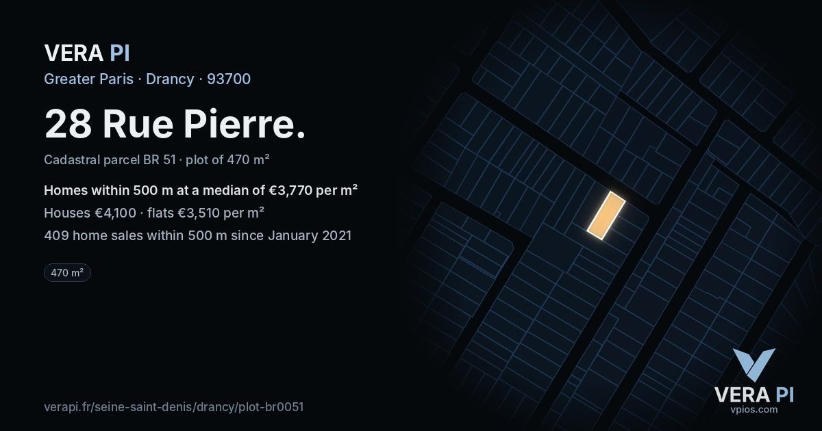 28 Rue Pierre, Drancy at night – the plot lit, the parcels around coloured by the prices near them