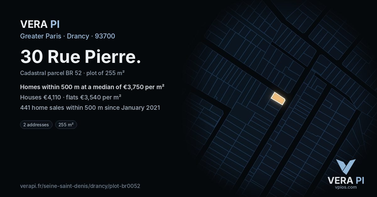 30 Rue Pierre, Drancy at night – the plot lit, the parcels around coloured by the prices near them