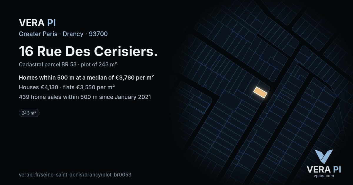 16 Rue Des Cerisiers, Drancy at night – the plot lit, the parcels around coloured by the prices near them