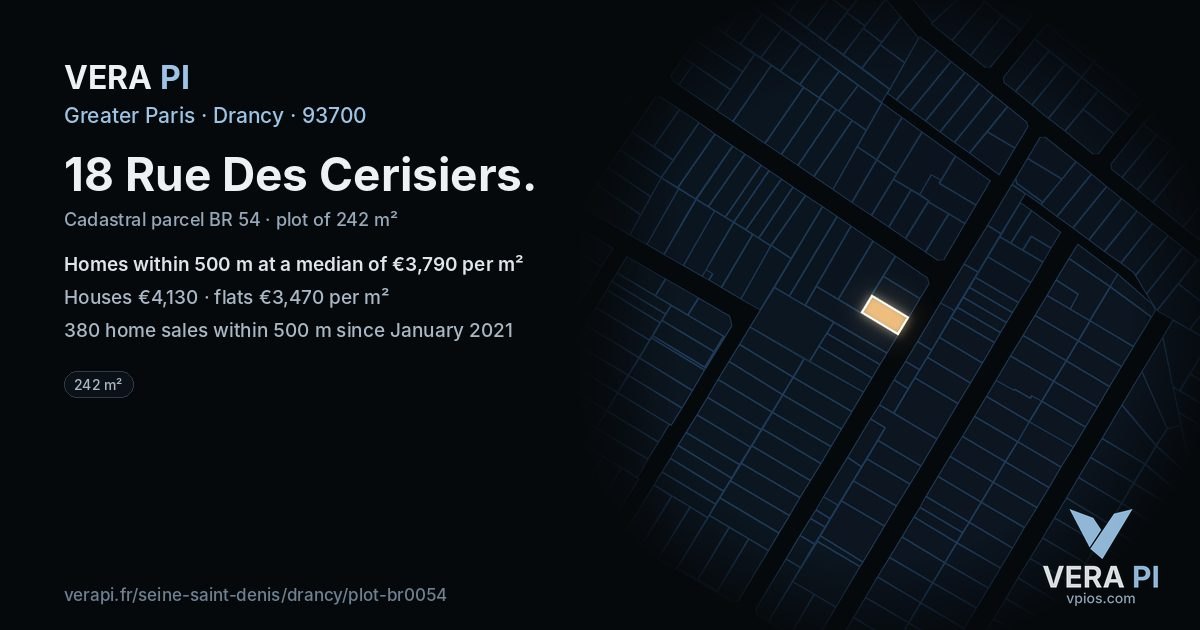 18 Rue Des Cerisiers, Drancy at night – the plot lit, the parcels around coloured by the prices near them