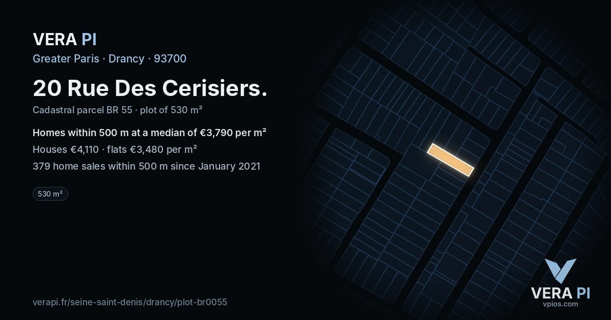 20 Rue Des Cerisiers, Drancy at night – the plot lit, the parcels around coloured by the prices near them