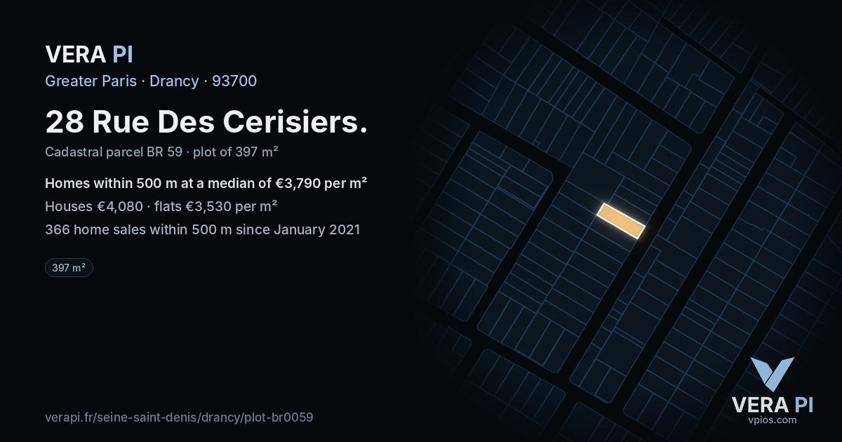 28 Rue Des Cerisiers, Drancy at night – the plot lit, the parcels around coloured by the prices near them