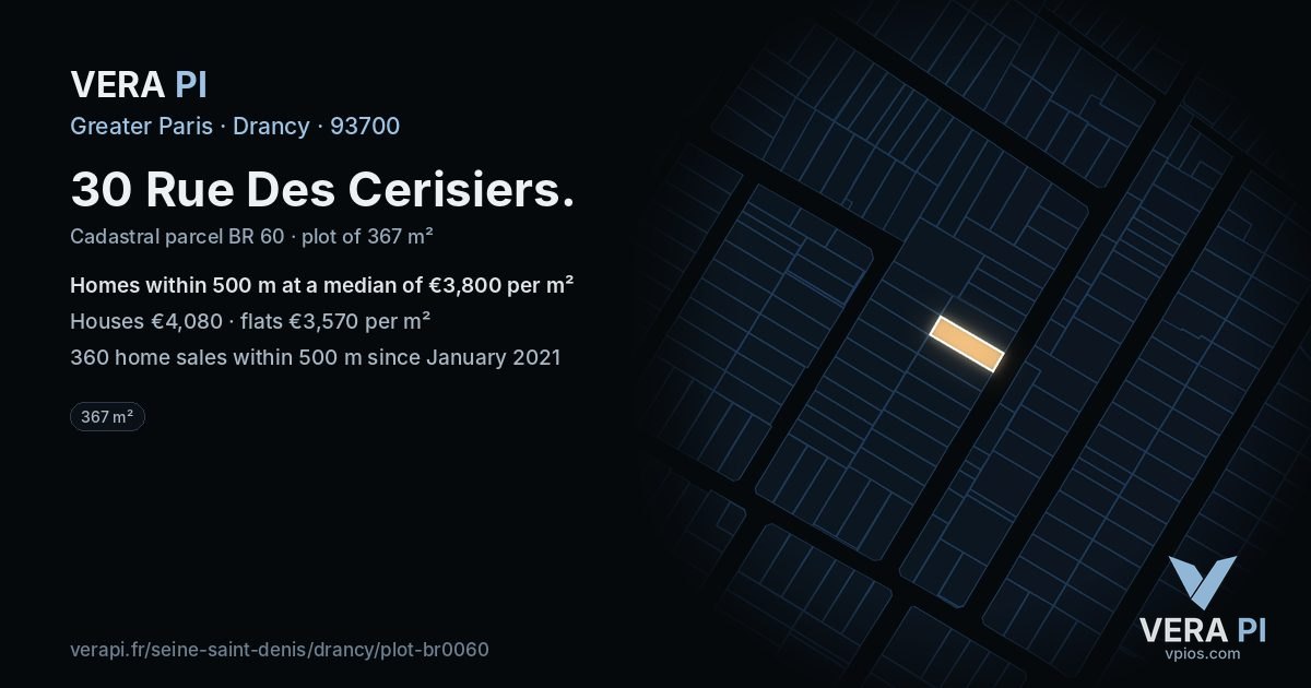 30 Rue Des Cerisiers, Drancy at night – the plot lit, the parcels around coloured by the prices near them