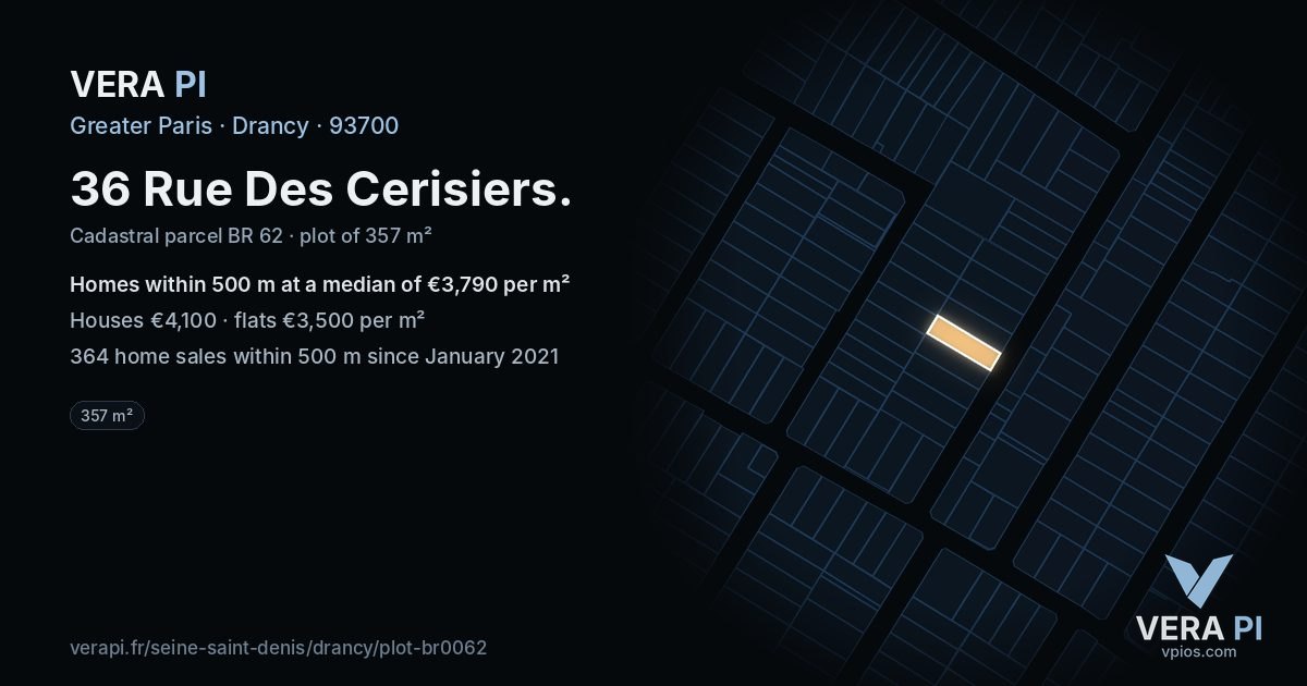 36 Rue Des Cerisiers, Drancy at night – the plot lit, the parcels around coloured by the prices near them