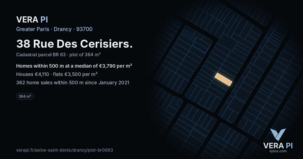 38 Rue Des Cerisiers, Drancy at night – the plot lit, the parcels around coloured by the prices near them