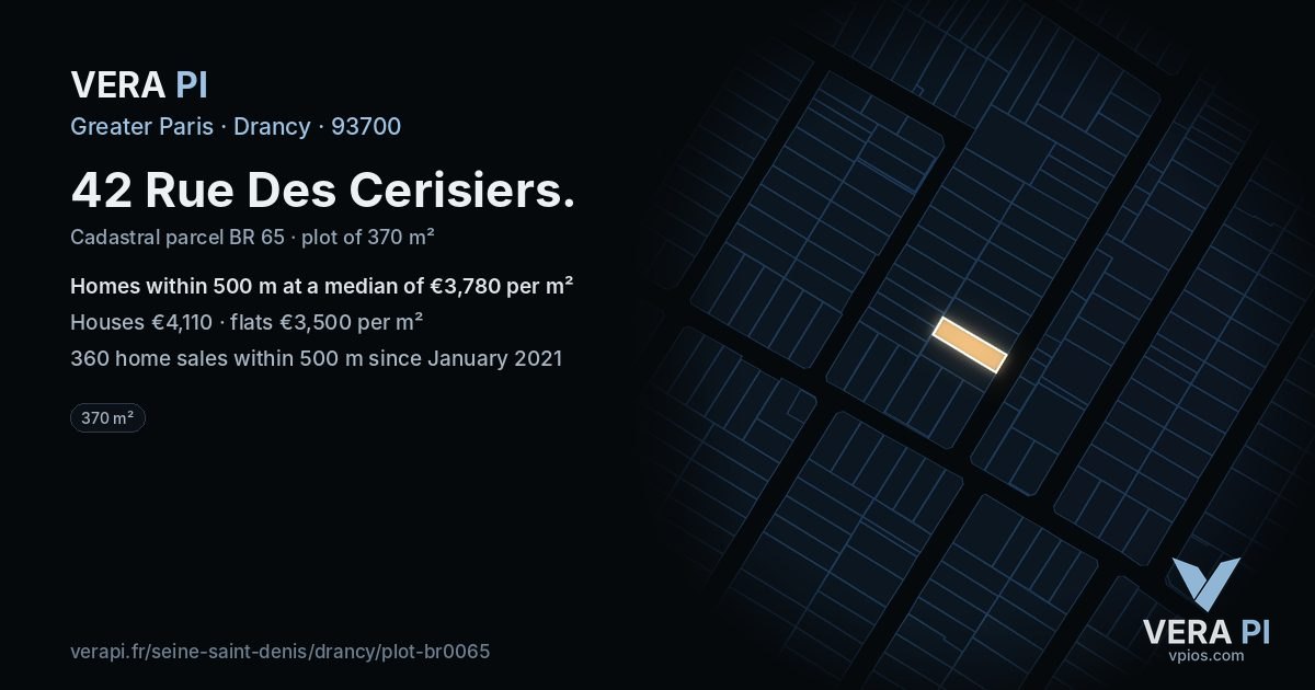 42 Rue Des Cerisiers, Drancy at night – the plot lit, the parcels around coloured by the prices near them