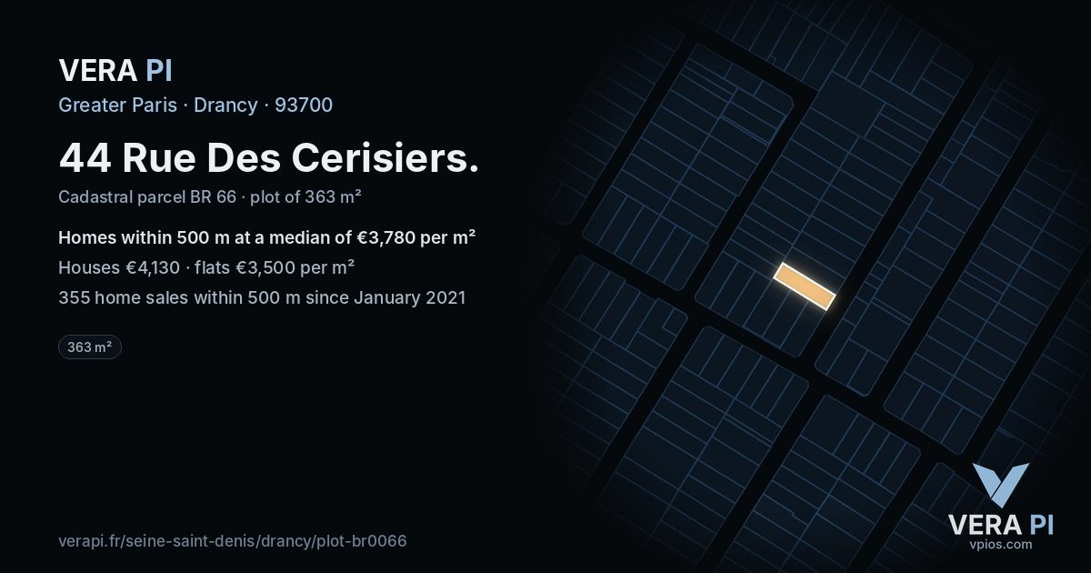 44 Rue Des Cerisiers, Drancy at night – the plot lit, the parcels around coloured by the prices near them