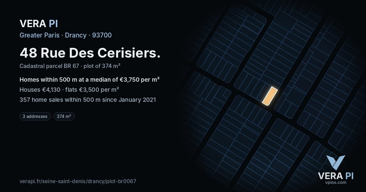 48 Rue Des Cerisiers, Drancy at night – the plot lit, the parcels around coloured by the prices near them