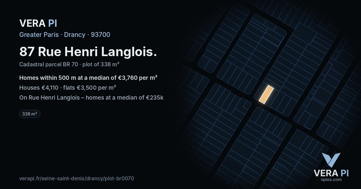 87 Rue Henri Langlois, Drancy at night – the plot lit, the parcels around coloured by the prices near them