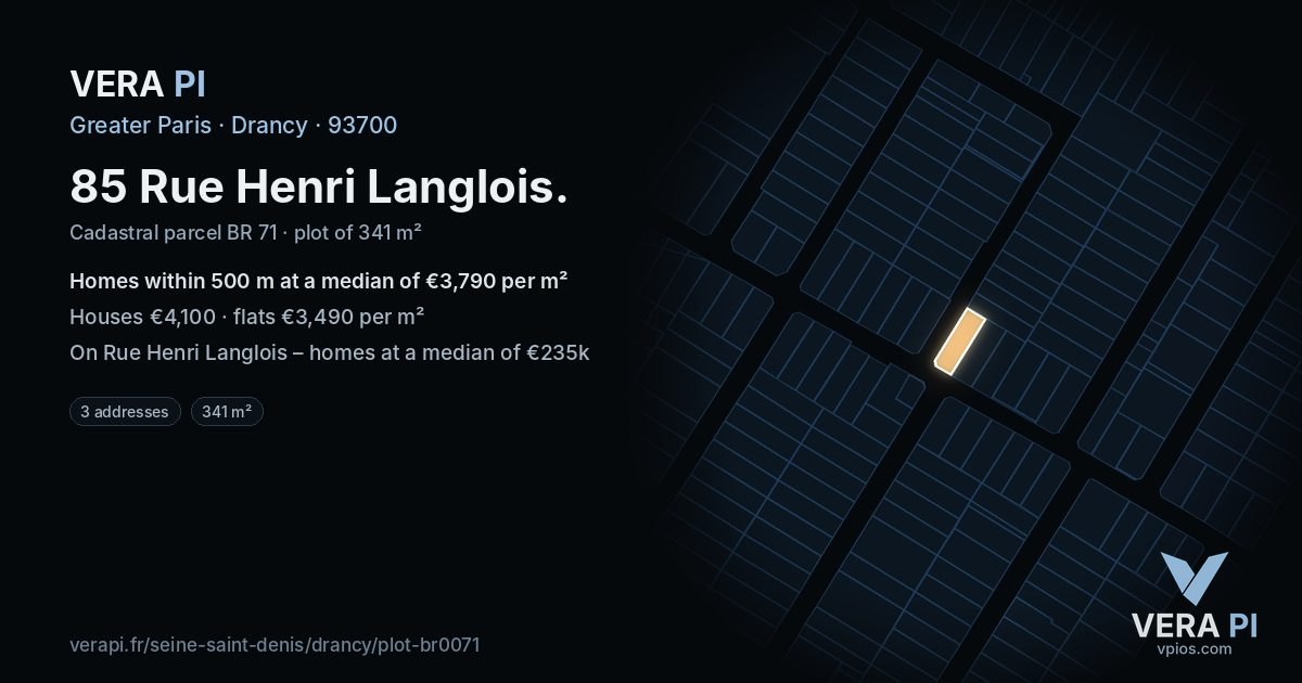 85 Rue Henri Langlois, Drancy at night – the plot lit, the parcels around coloured by the prices near them