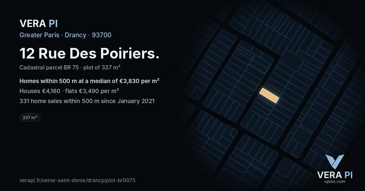 12 Rue Des Poiriers, Drancy at night – the plot lit, the parcels around coloured by the prices near them