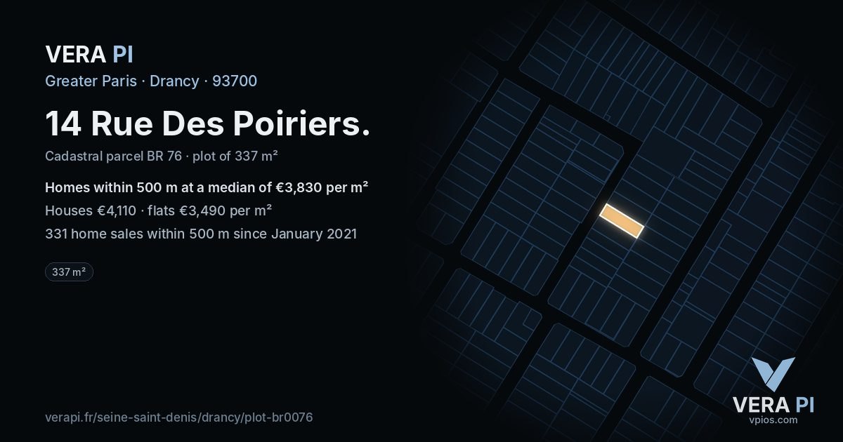 14 Rue Des Poiriers, Drancy at night – the plot lit, the parcels around coloured by the prices near them