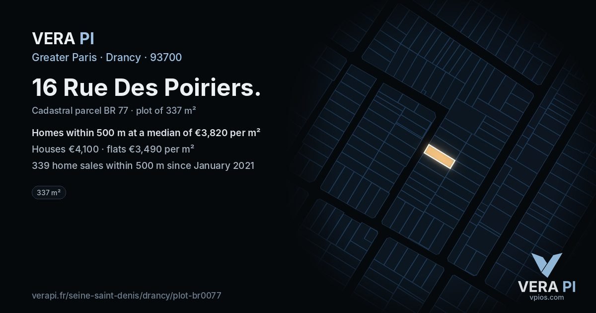 16 Rue Des Poiriers, Drancy at night – the plot lit, the parcels around coloured by the prices near them