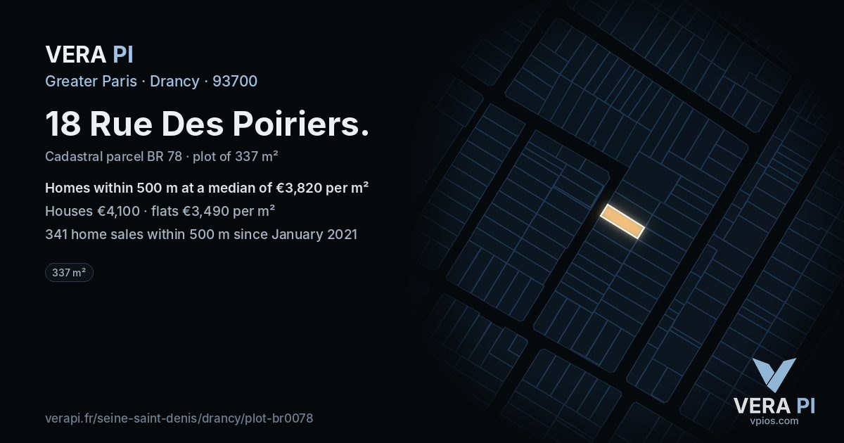 18 Rue Des Poiriers, Drancy at night – the plot lit, the parcels around coloured by the prices near them