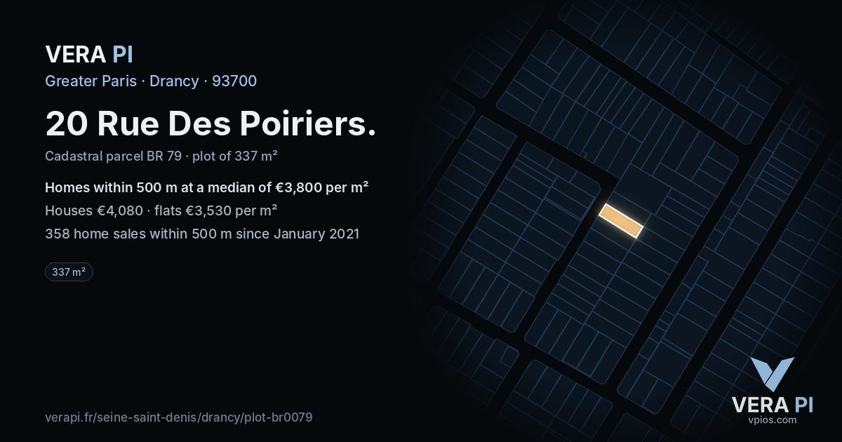 20 Rue Des Poiriers, Drancy at night – the plot lit, the parcels around coloured by the prices near them
