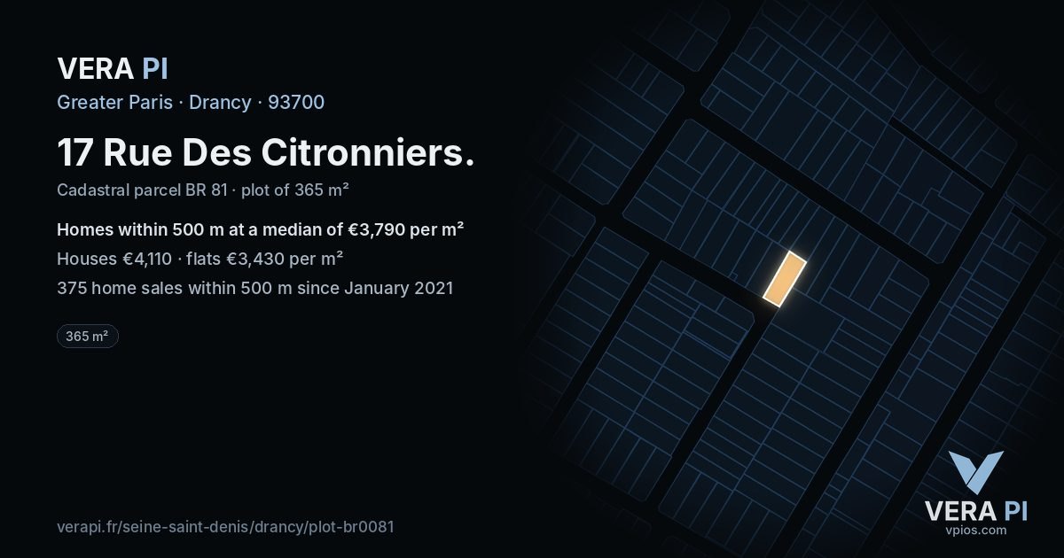 17 Rue Des Citronniers, Drancy at night – the plot lit, the parcels around coloured by the prices near them