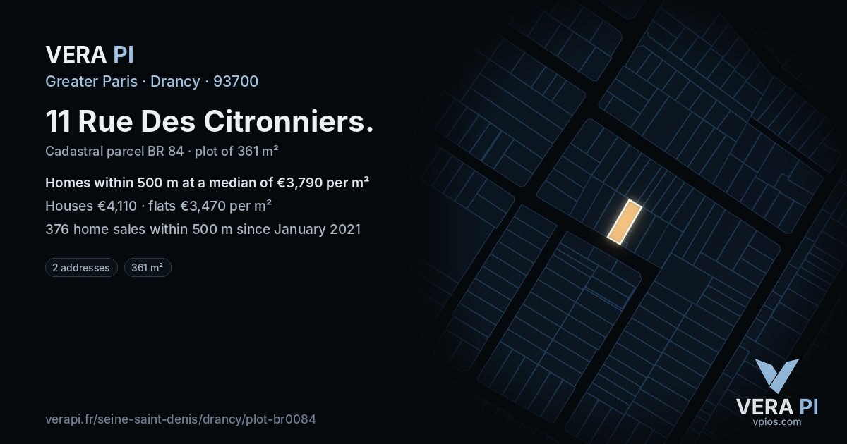 11 Rue Des Citronniers, Drancy at night – the plot lit, the parcels around coloured by the prices near them