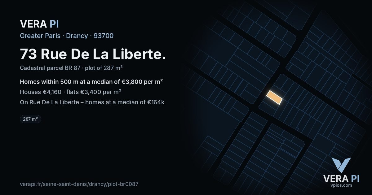 73 Rue De La Liberte, Drancy at night – the plot lit, the parcels around coloured by the prices near them