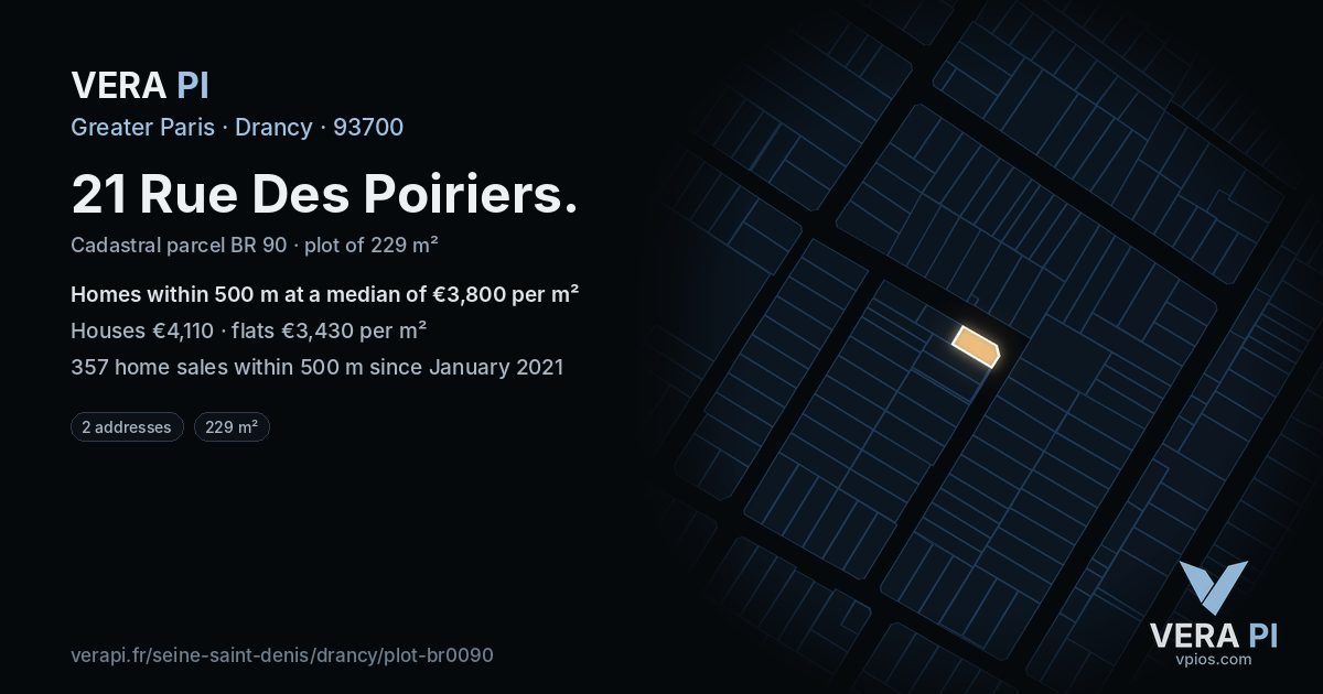 21 Rue Des Poiriers, Drancy at night – the plot lit, the parcels around coloured by the prices near them