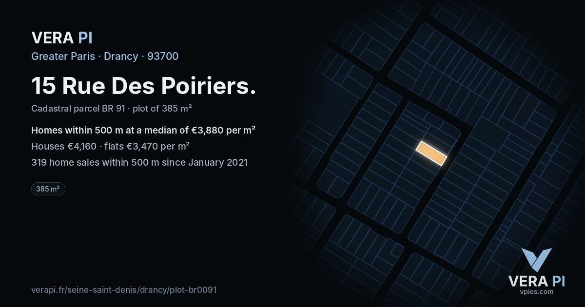 15 Rue Des Poiriers, Drancy at night – the plot lit, the parcels around coloured by the prices near them