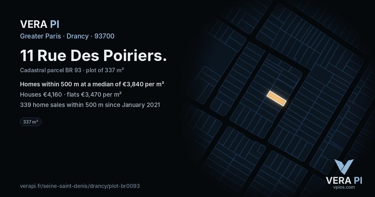 11 Rue Des Poiriers, Drancy at night – the plot lit, the parcels around coloured by the prices near them