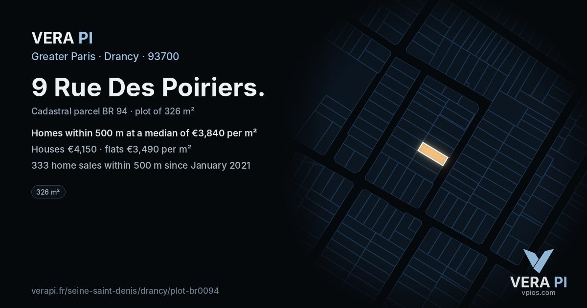 9 Rue Des Poiriers, Drancy at night – the plot lit, the parcels around coloured by the prices near them
