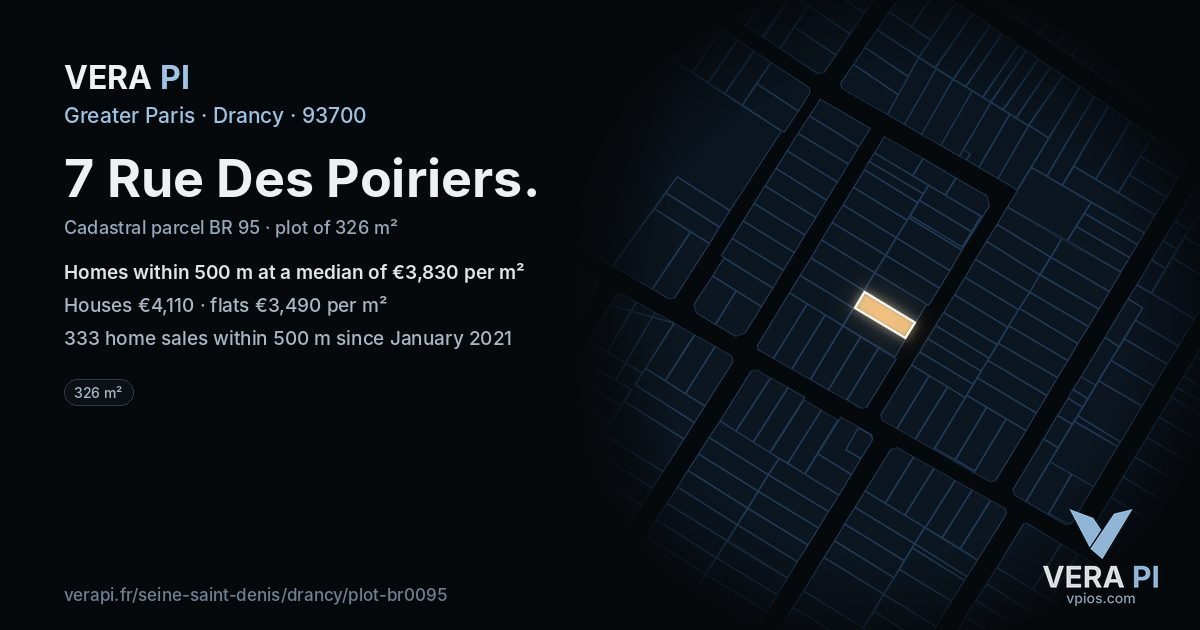 7 Rue Des Poiriers, Drancy at night – the plot lit, the parcels around coloured by the prices near them