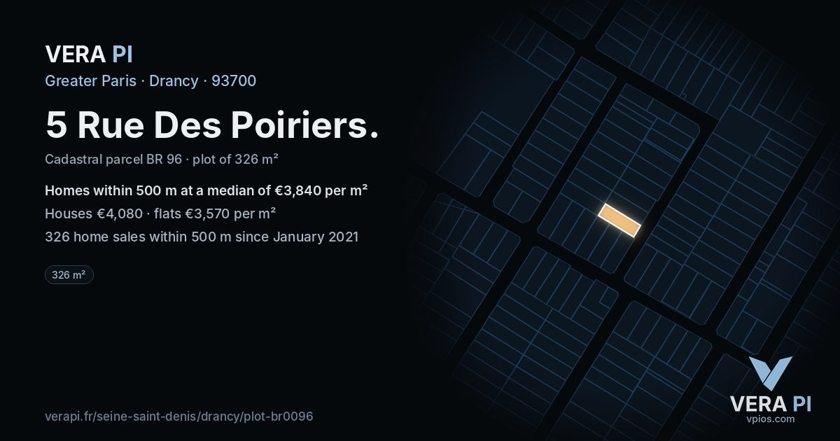 5 Rue Des Poiriers, Drancy at night – the plot lit, the parcels around coloured by the prices near them