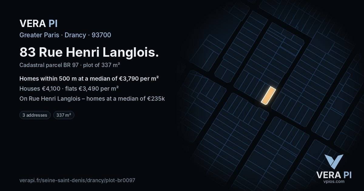 83 Rue Henri Langlois, Drancy at night – the plot lit, the parcels around coloured by the prices near them