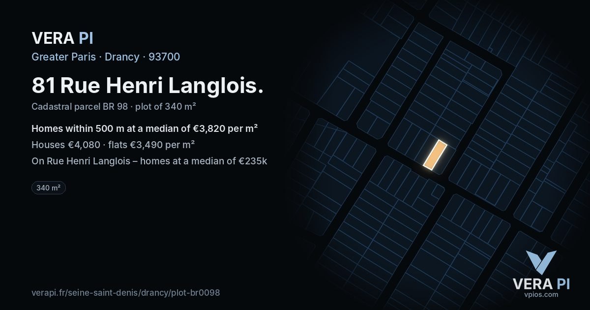 81 Rue Henri Langlois, Drancy at night – the plot lit, the parcels around coloured by the prices near them