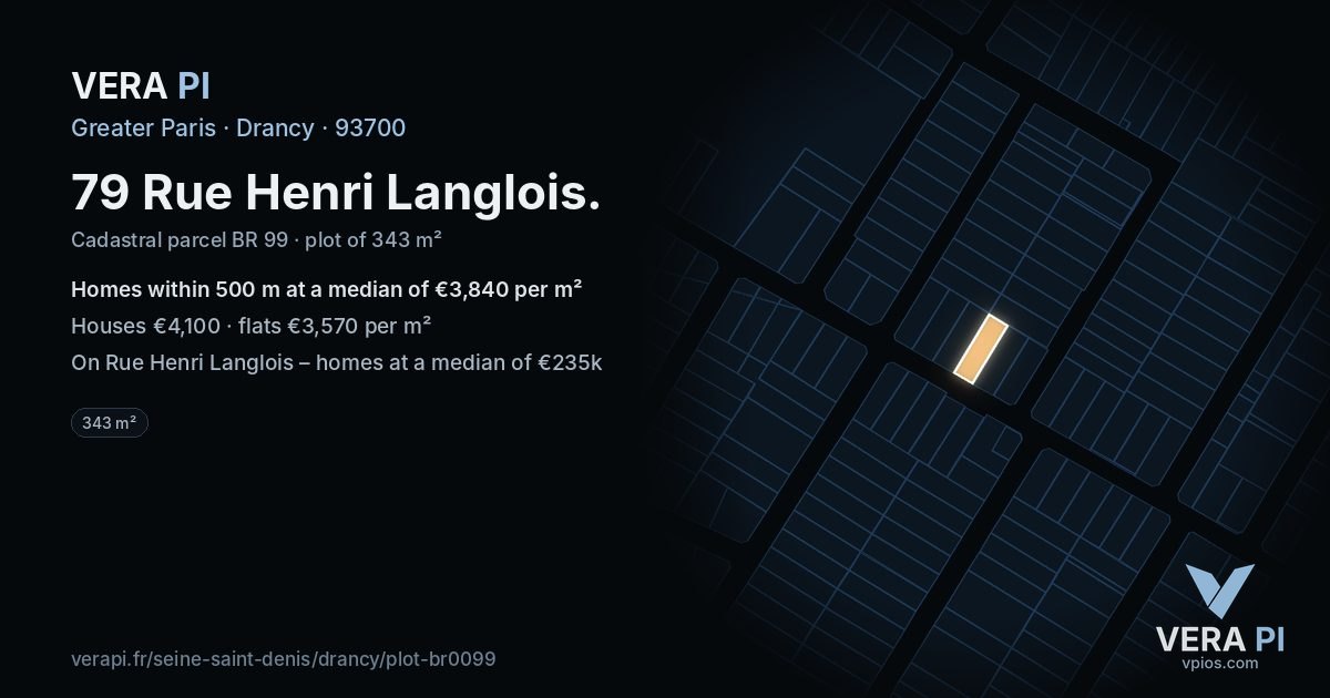 79 Rue Henri Langlois, Drancy at night – the plot lit, the parcels around coloured by the prices near them